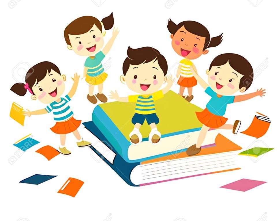 Enfants assis sur des piles de livres et lisant. Garçon et filles apprenant ou étudiant. Enfants avec le concept de retour à l'école