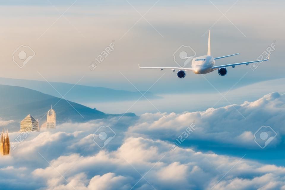 Airplane flying over resort European city