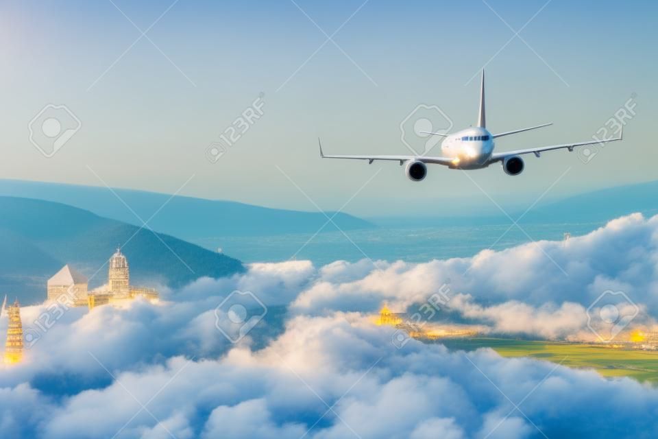 Airplane flying over resort European city