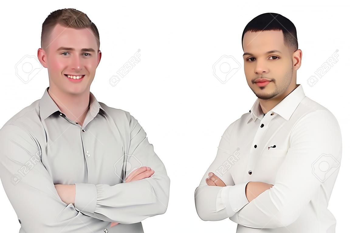 Two men crossing arms and standing side by side against a white background