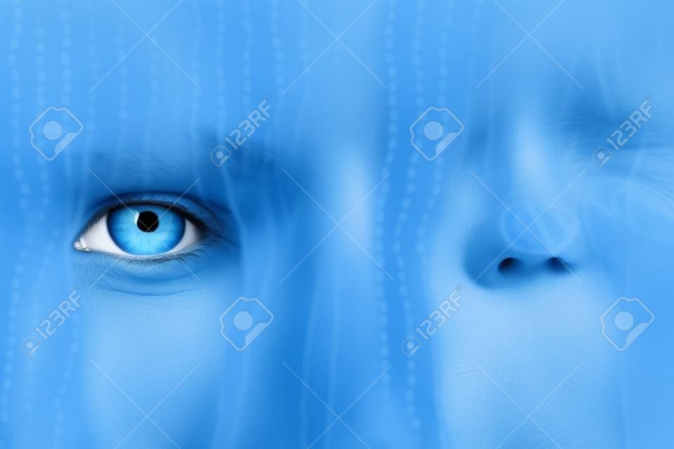 Złożony wizerunek niebieskie oczy na popielatej twarzy przeciw interfejsowi