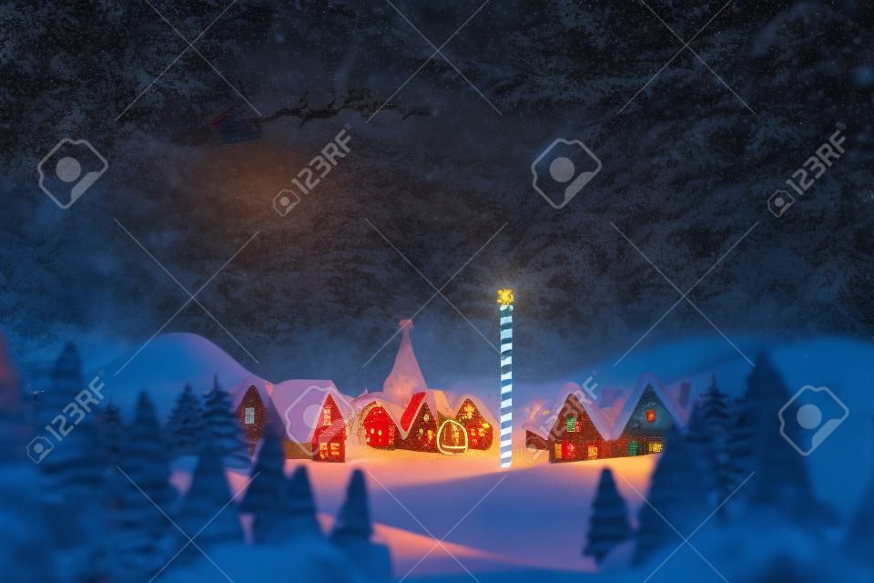 Silhouette of santa claus and reindeer against cute christmas village at north pole