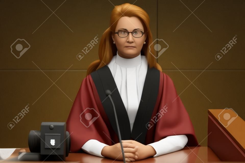 Stern judge looking at camera in the court room