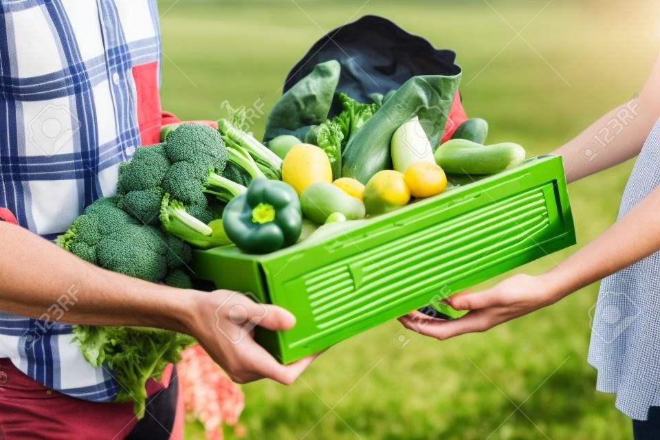 Granjero caja de verduras dando a los clientes en un día soleado