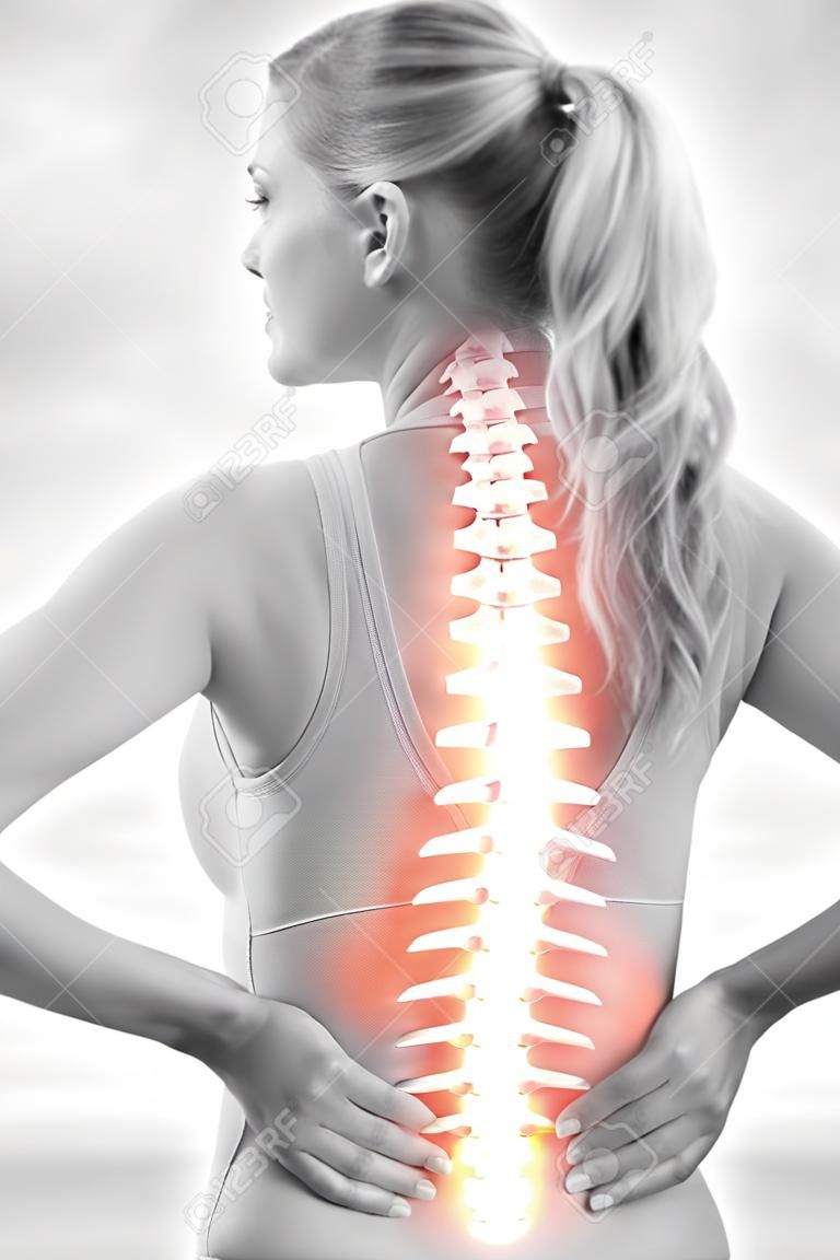 Cyfrowy kompozyt podświetlony kręgosłupa kobieta z bólem pleców