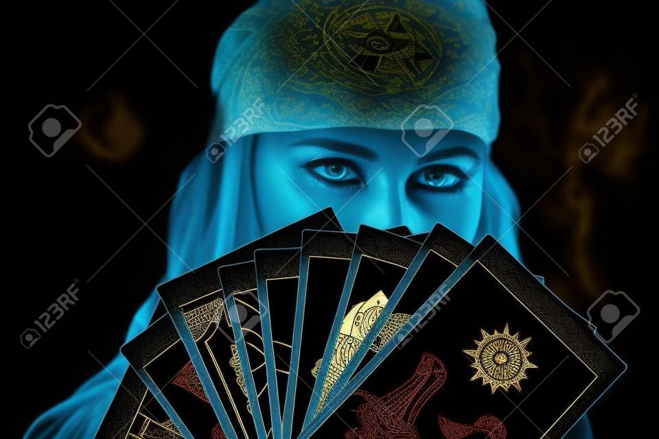 Fortune teller met tarot kaarten op zwarte achtergrond