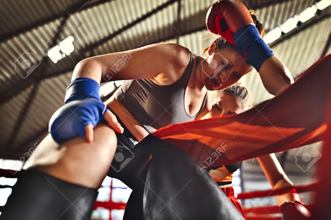 Two female boxers fighting in boxing ring at arena