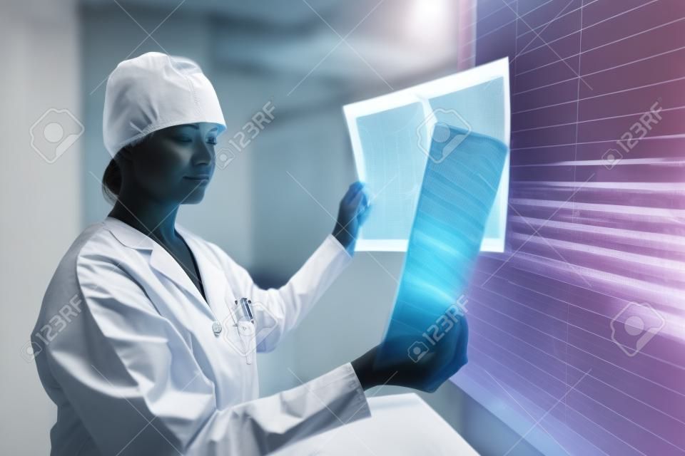 Side view of Caucasian female doctor examining minutely x-ray report in the hospital. Shot in real medical hospital with doctors nurses and surgeons in authentic setting