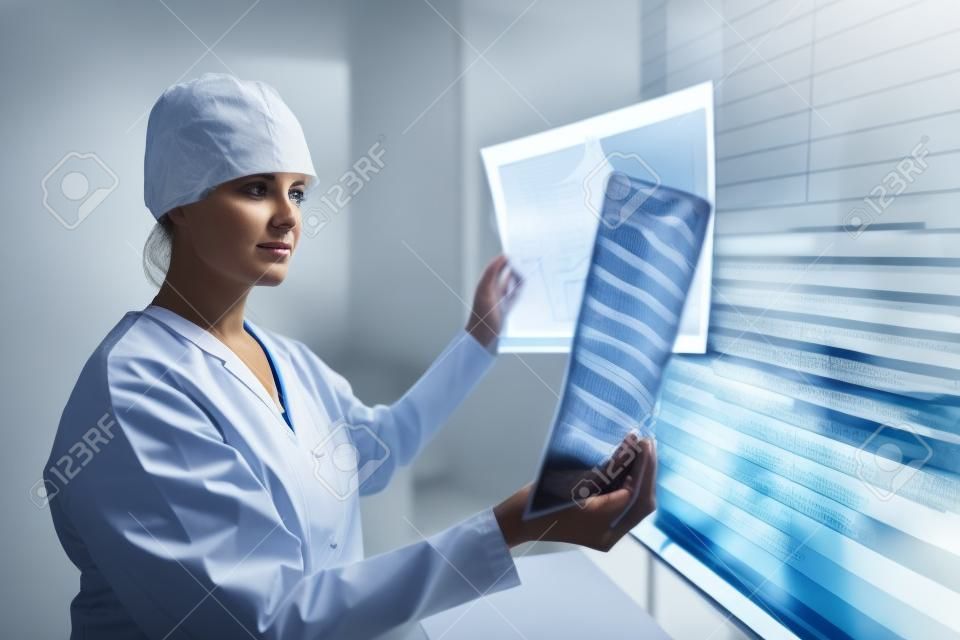 Side view of Caucasian female doctor examining minutely x-ray report in the hospital. Shot in real medical hospital with doctors nurses and surgeons in authentic setting