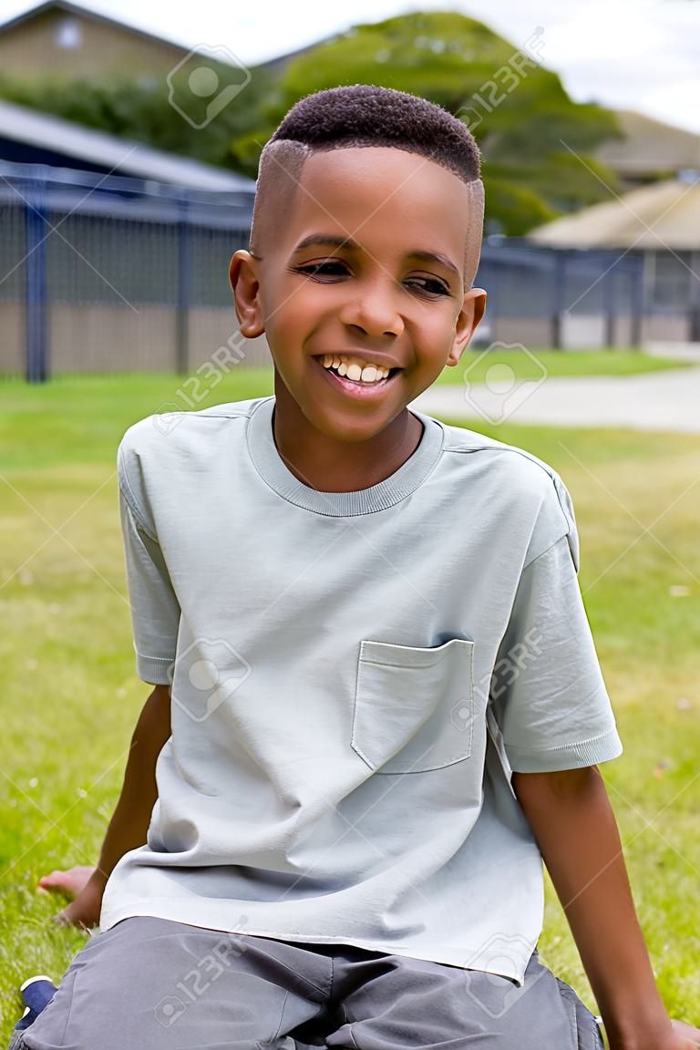 Portrait of happy african american schoolboy sitting on grass at school. School, education and learning concept.