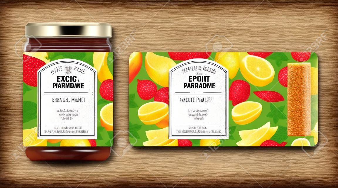 Label and packaging of exotic fruit marmalade. Jar with label. Text in frame with stamp (sugar free) on seamless pattern with fruits, slices and leaves.