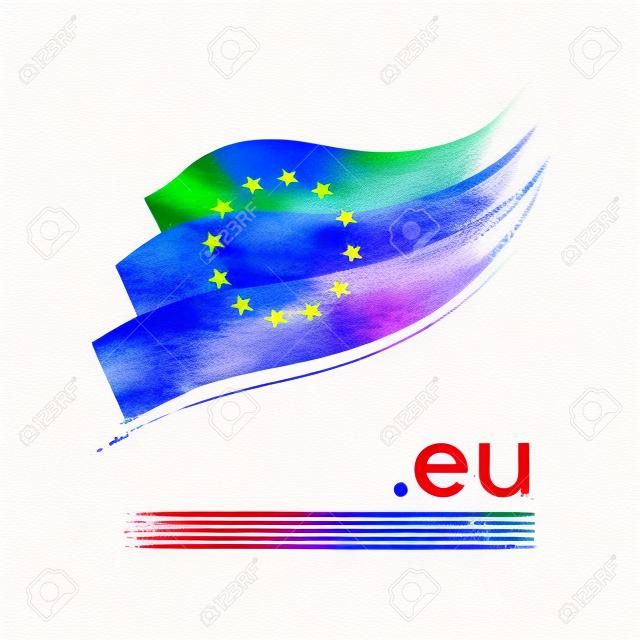 European union flag watercolor. Colored stripes EU flag on a white background. Vector stylized poster, banner, cover design with eu domain, place for text