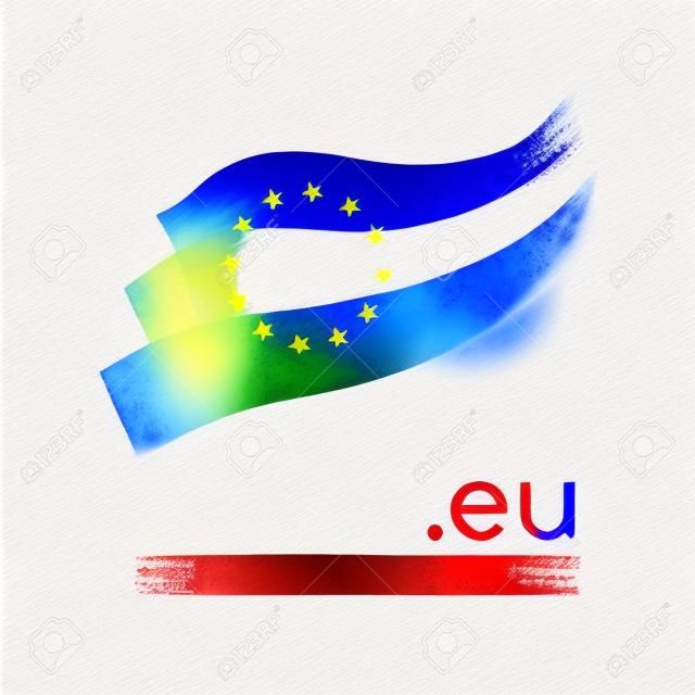 European union flag watercolor. Colored stripes EU flag on a white background. Vector stylized poster, banner, cover design with eu domain, place for text