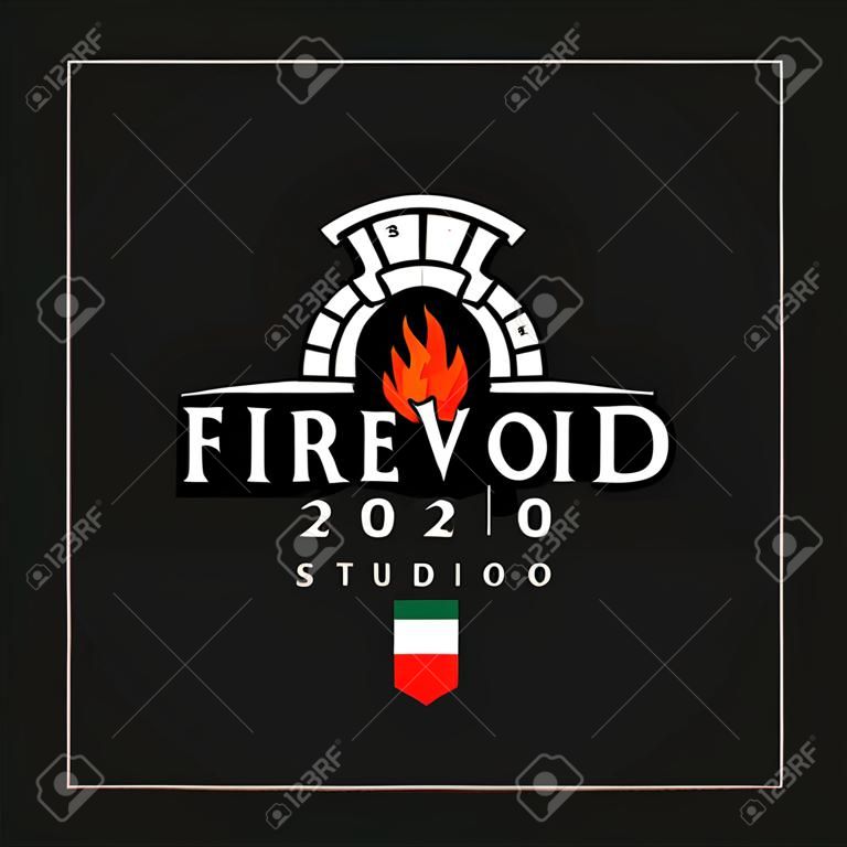 Vintage rustic hipster Firewood brick oven with a fire flame , pizza logo design vector