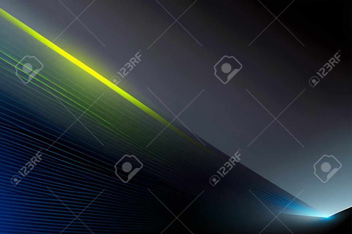 Unusual beautiful horizontal abstract background, banner or screensaver with a dark gray gradient background and dark blue, light green and light blue gradient lines on it. Glowing lines, flashes of light, glare. Vector illustration