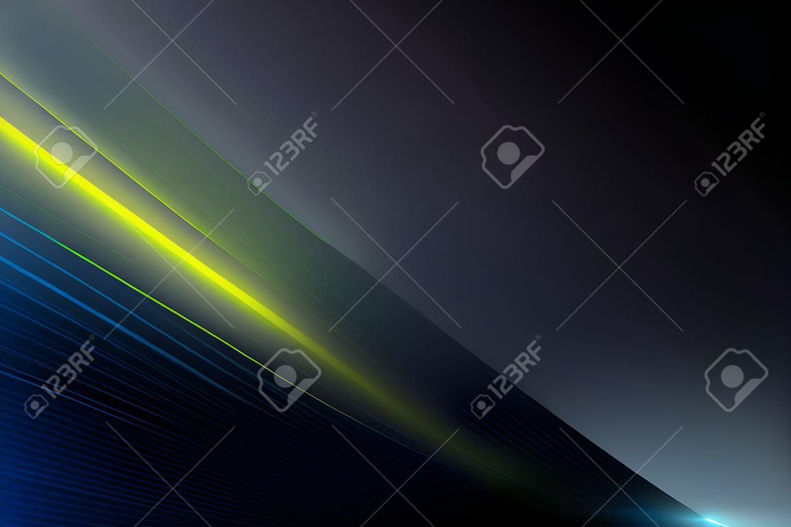 Unusual beautiful horizontal abstract background, banner or screensaver with a dark gray gradient background and dark blue, light green and light blue gradient lines on it. Glowing lines, flashes of light, glare. Vector illustration