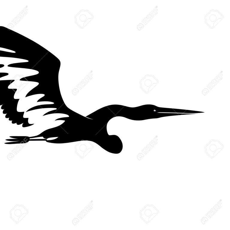 heron  flying, vector illustration ,  black silhouette , profile view