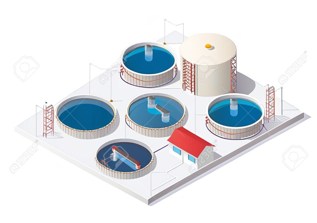 Water treatment isometric building info graphic, big bacterium purifier factory on white. Illustration scientific article. Pictogram Industrial Chemistry cleaner set. Flatten isolated master vector.