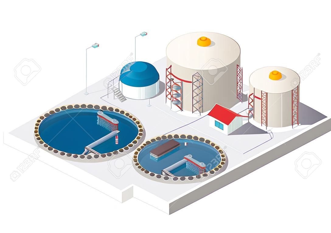 Water treatment isometric building info graphic, big bacterium purifier factory on white. Illustration scientific article. Pictogram Industrial Chemistry cleaner set. Flatten isolated master vector.