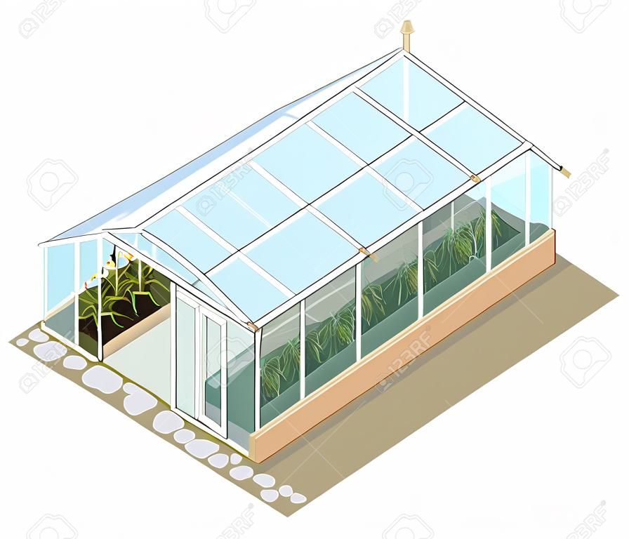 Invernadero isométrico con paredes de vidrio, cimientos, tejado a dos aguas, cama de jardín, fondo blanco. Vector hortícola conservatorio para el cultivo de vegetales, flores. Clásico cultivar jardinería de invernadero.
