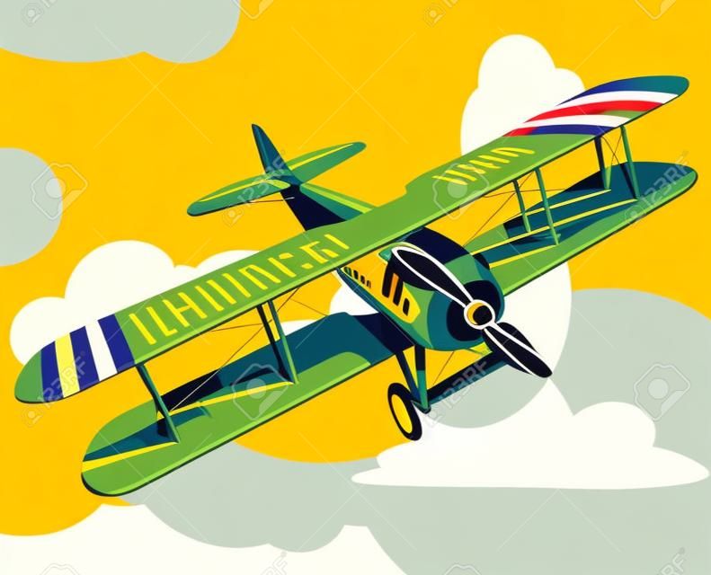 Yellow plane flying over the sky with clouds in vintage color stylization. Old retro biplane designed for poster printing. Vector low poly airplane illustration. Banner layout. Model aircraft, two wings.