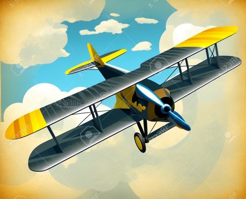 Avion jaune survolant le ciel avec des nuages en stylisation de couleur vintage. Ancien biplan rétro conçu pour l'impression d'affiches. Illustration d'avion vecteur low poly. Disposition de la bannière. Maquette d'avion, deux ailes.