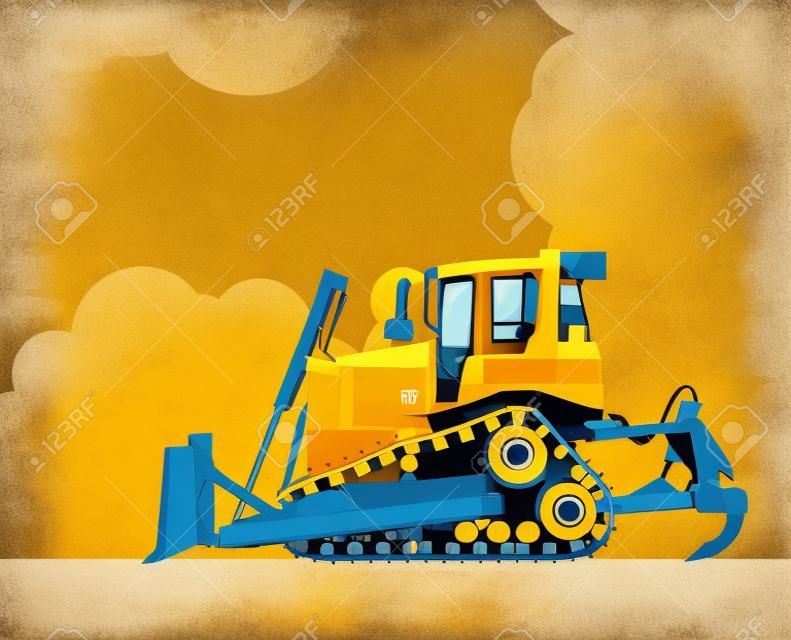 Big yellow excavator, sky with clouds in background. Banner layout with earth mover. Vintage color stylization. Construction machinery vehicle and ground works. Flatten illustration master vector.
