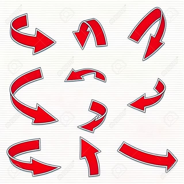 紅色箭頭符號，彎曲的圖標經營理念集。矢量插圖隔絕在白色背景。