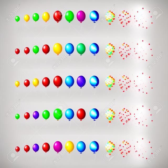 Ballon-Pop, Explosion, Burst-Animationsschritt, Einzelbilder auf Weiß