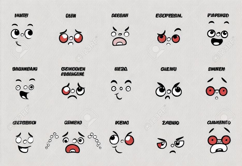 expressões de rosto com nomes para quadrinhos, personagem de desenho animado isolado no branco