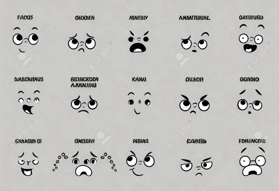 expressões de rosto com nomes para quadrinhos, personagem de desenho animado isolado no branco