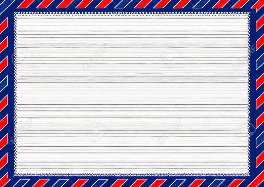Cornice per buste di posta aerea. Bordo di lettere vintage internazionali. Cartolina di posta aerea retrò con strisce blu e rosse. Modello di carta per corrispondenza in bianco. Illustrazione del messaggio postale classico vuoto.