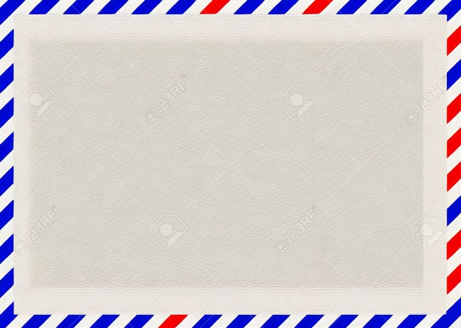 Airmail envelope frame. International vintage letter border. Retro air mail postcard with blue and red stripes. Blank correspondence paper template. Empty classic postal message illustration.