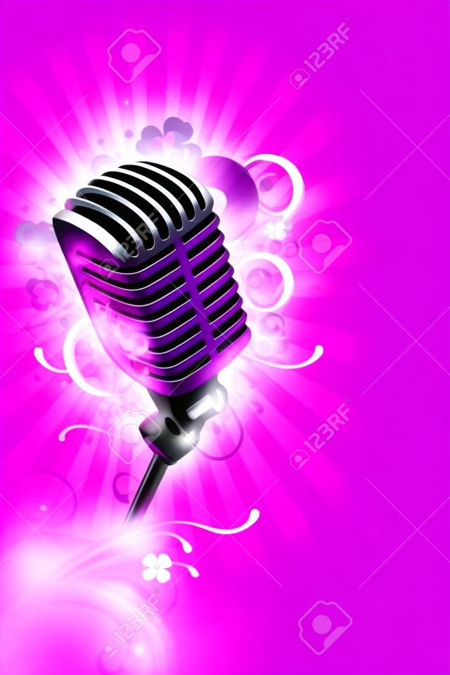 Pinky Karaoke Design. Karaoke Music Theme. Cool Pinky-Violet Background with Light Rays, Flames and Floral Ornaments and Cool Silver Retro Style Microphone. Vertical Design.