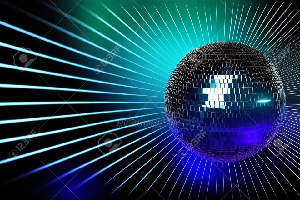 闪亮的蓝色迪斯科球背景。大眼Catche迪斯科背景为您的活动。 3D渲染插图与复制空间。