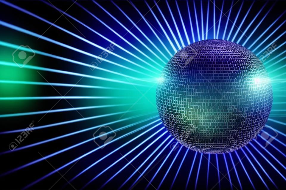 闪亮的蓝色迪斯科球背景。大眼Catche迪斯科背景为您的活动。 3D渲染插图与复制空间。