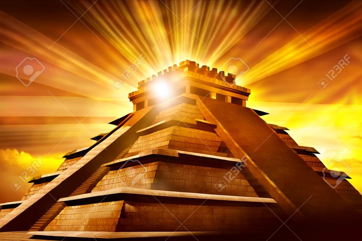 Pirâmide dos Mistérios Maias - Tema da Pirâmide da Civilização Maia com Raios de Pecado Misteriosos Vindo do Topo da Pirâmide.