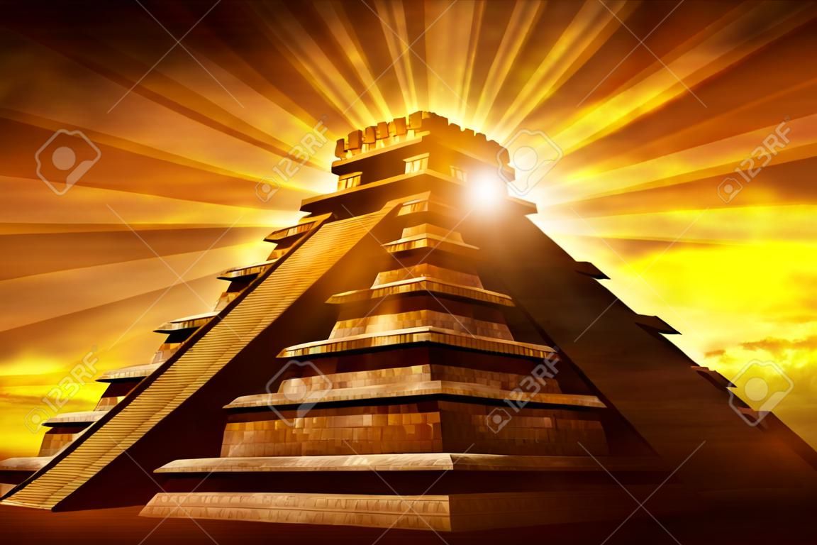 神秘的瑪雅金字塔 - 瑪雅文明的金字塔主題與玄仙光芒即將從頂部的金字塔。大天啟主題。