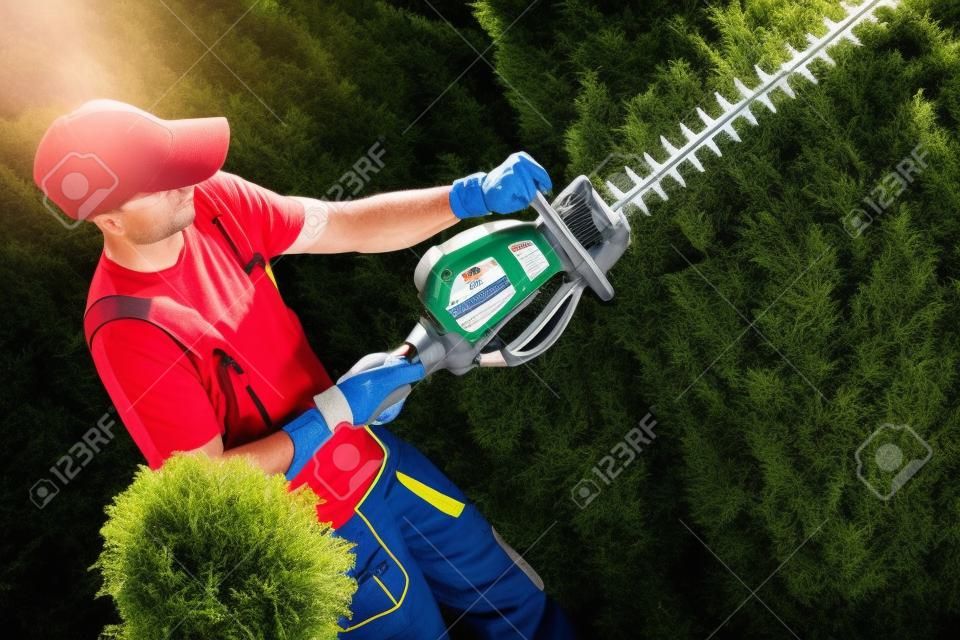 Jardinier avec trimmer professionnelle essence de couverture au travail.