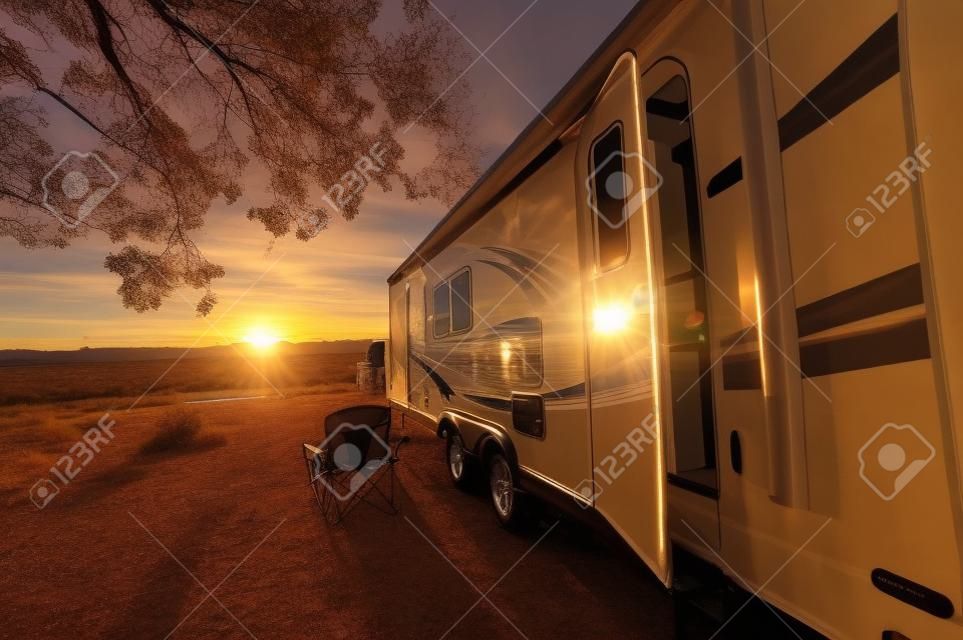 Travel Trailer Camping Spot at Scenic Sunset. Pulling Travel Trailer by Car.