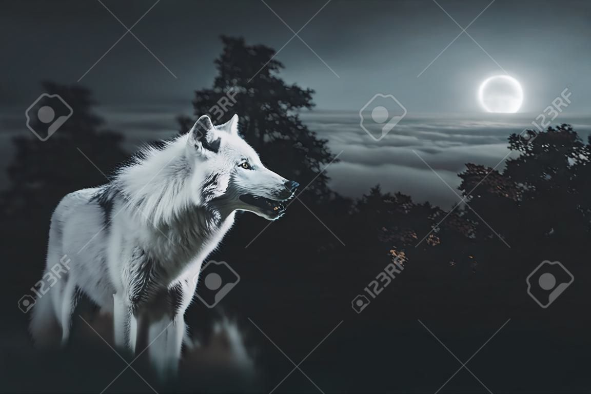 White Alpha Wolf Tijdens Full Moon Night Op zoek naar een prooi in de wildernis.