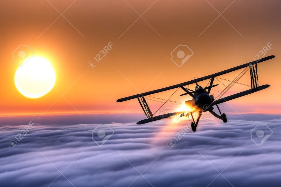 Airplane Above the Clouds During Sunset. Great Airplane Flying Adventure. Biplane Flight.