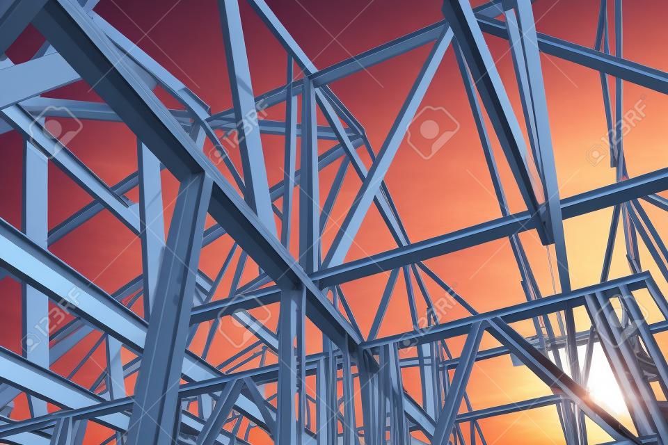 Building Steel Skeleton Frame at Sunset. Modern Building Structure Technologies.