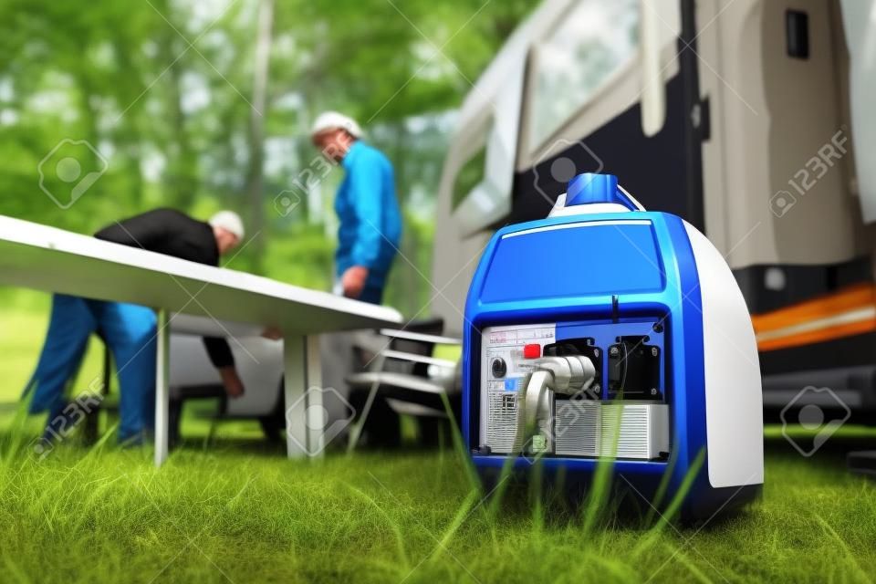 Modern Gasoline Powered Generator Running Next to Camper Van Recreational Vehicle. Powering RV Camping Pitch with Own Energy Source.