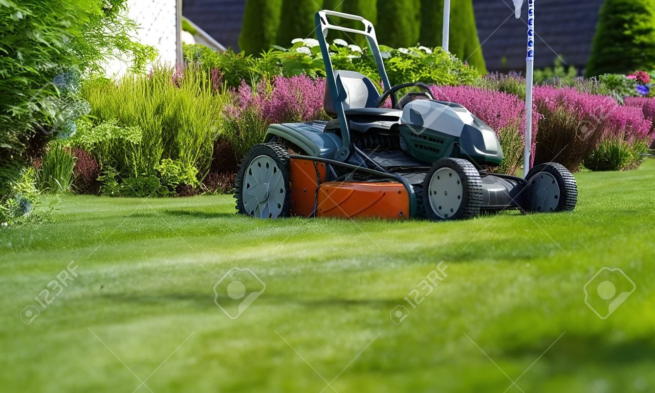 Lawn Mower and the Beautiful Matured Garden. Gardening Equipment Theme.