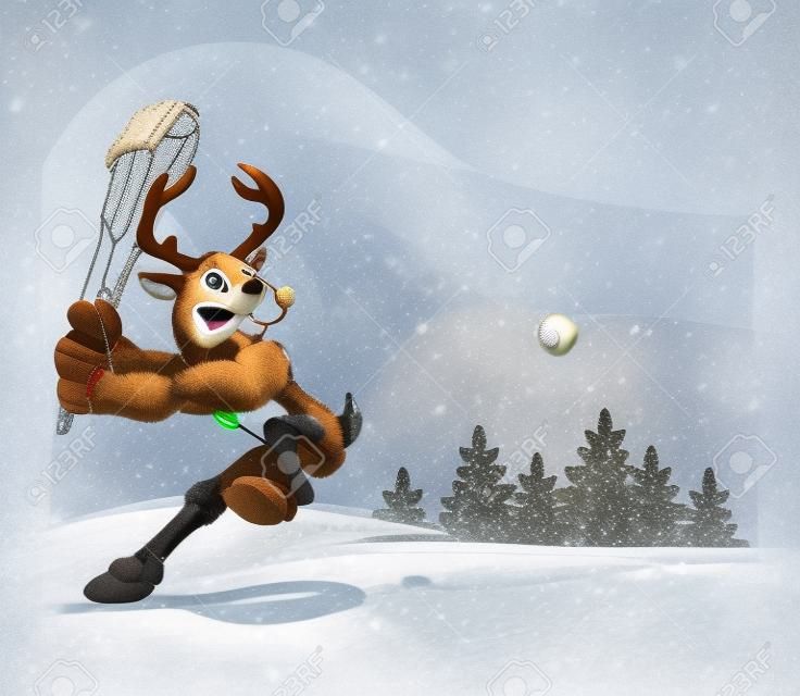 Reindeer Playing Baseball in Snow