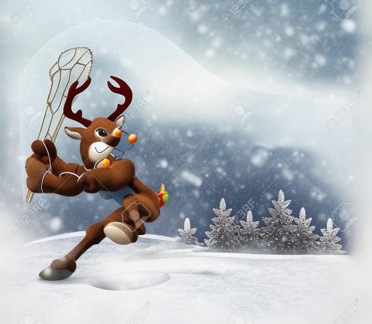 Reindeer Playing Baseball in Snow