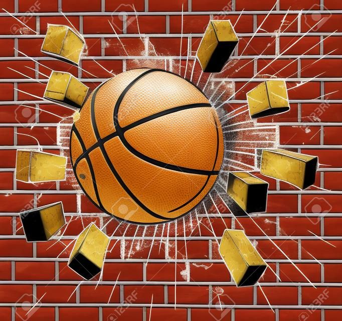 Koszykówka przebija się przez ceglany mur