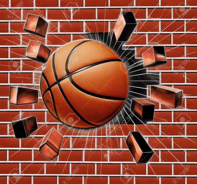 Koszykówka przebija się przez ceglany mur