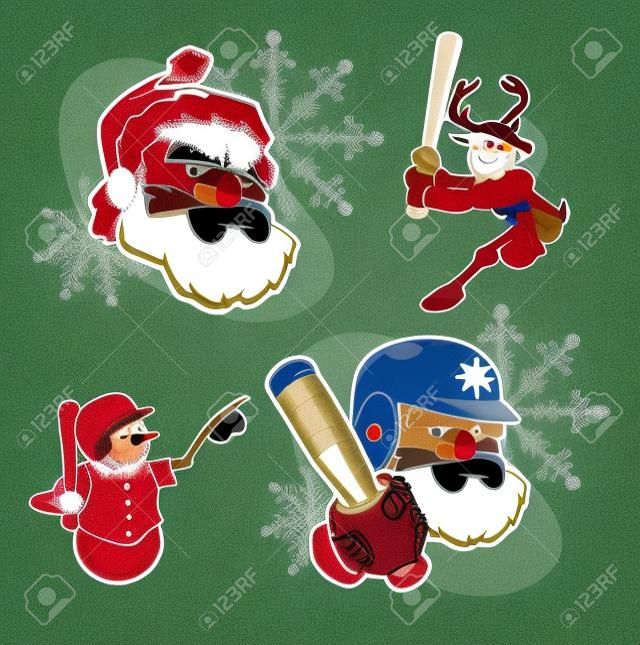Assorted icons of baseball or softball themed Holiday characters, including a snowman, a reindeer, and tough-looking Santa Claus, both with a baseball helmet and without.